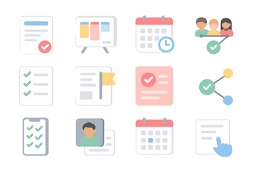 Fototapeta premium Colorful business icons with charts, calendars, and people illustrations