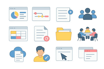 Business management icons set featuring people, documents, and charts