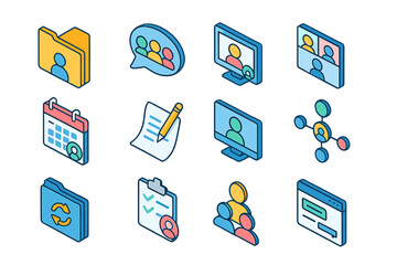 Colorful communication and collaboration icons collection on gradient background