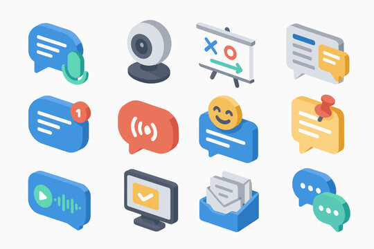 Colorful isometric communication and media icons on transparent background