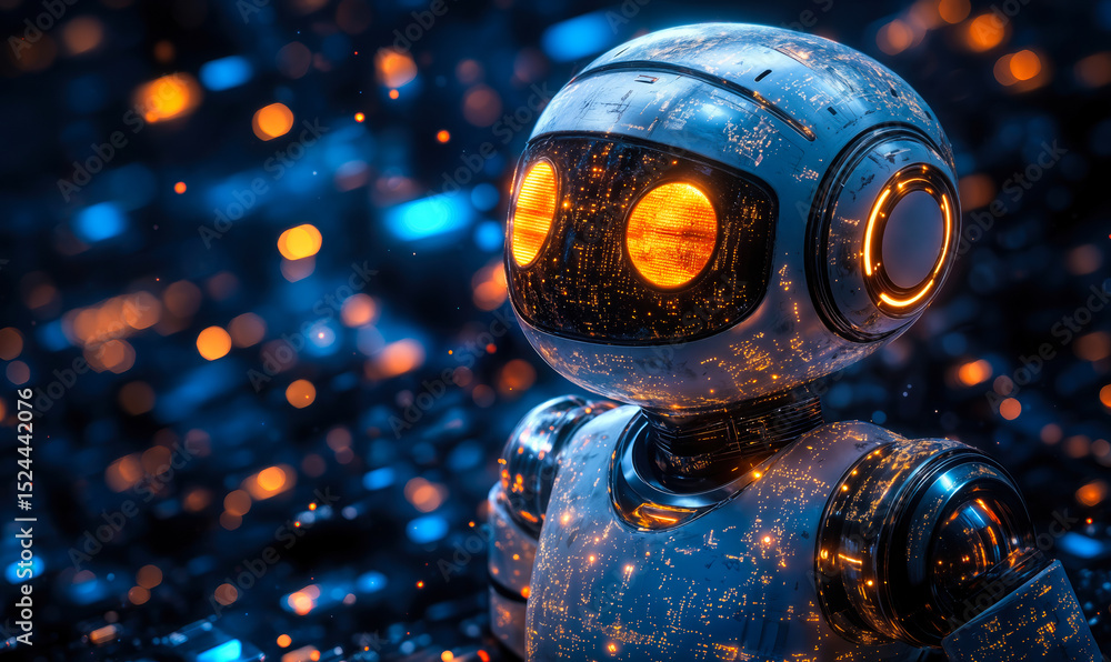 Poster futuristic robot with glowing orange eyes and circular lights standing against digital bokeh backgro