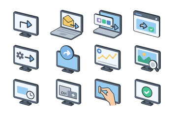 Set of computer icons representing various digital functions and user actions