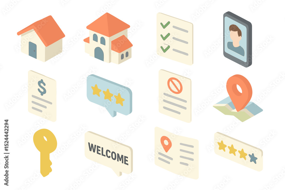 Poster bright isometric icons of real estate and navigation elements on gradient background