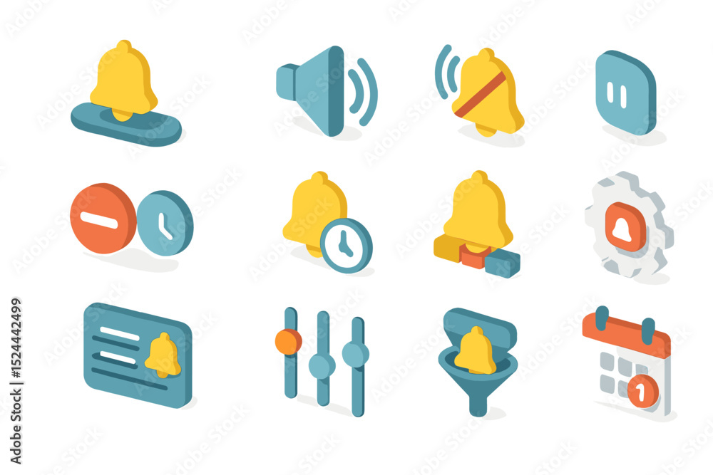 Poster colorful isometric notification and setting icons on dark background