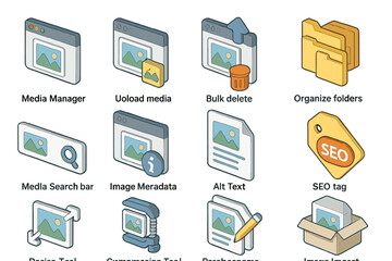 Web interface icons for media management and seo tools
