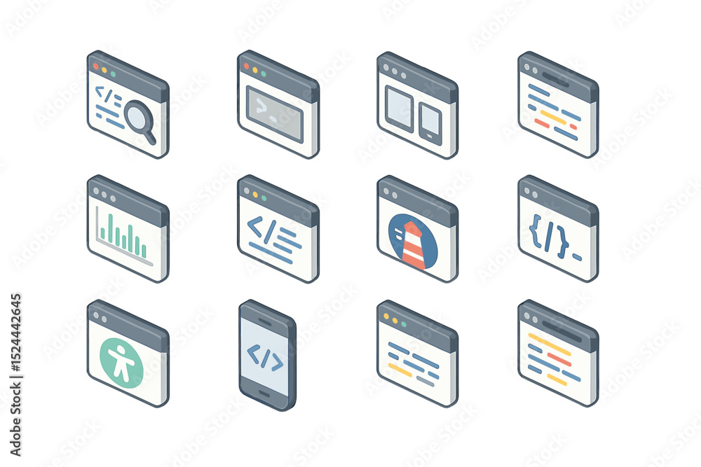 Poster isometric web design icons set with code, graphs, and media elements