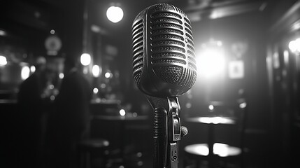 Vintage microphone on stage in dimly lit bar. Focus on mic, blurred background