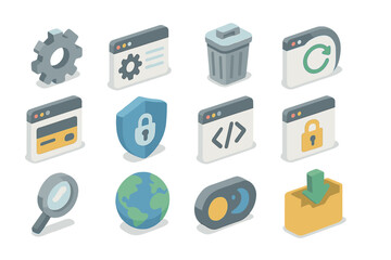 Collection of 3d web app icons including settings, security, and global access