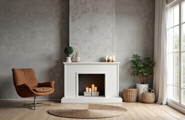 Fototapeta premium Modern living room interior design. Room features gray stone wall, fireplace, brown armchair, wicker carpet. Stylish home decor, plants, candles, window with natural light. Elegant comfortable