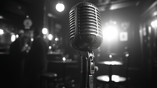 Vintage microphone on stage in dimly lit bar.  Focus on mic, blurred background - Powered by Adobe