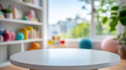 A 4K photo of bright white round table in the foreground with a soft-focus pastel children's room background featuring a window with natural light and greenery.