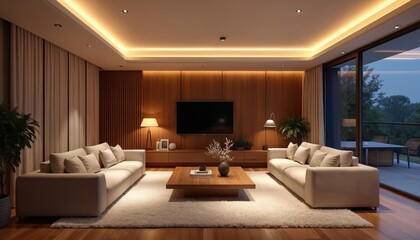 Modern living room with warm LED lighting. Cozy space with sofa, carpet, armchair, window, furniture, home decor. Interior design with elegant stylish details.