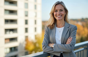 Fototapeta premium Successful businesswoman with crossed arms stands on office terrace. Smiling blond female in business suit, looks straight at camera with confidence. Professional, leadership concept. City background.