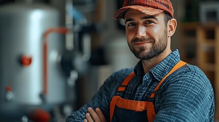 Obraz premium Confident worker in overalls smiles, arms crossed, industrial background