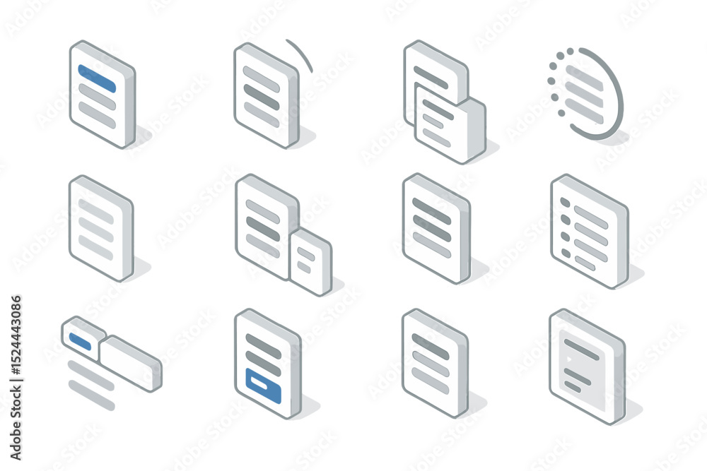 Poster set of twelve 3d icons depicting various document styles in gray tones