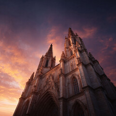 Majestic cathedral rises towards a dramatic sunset sky. Ornate architecture, gothic style. Evokes history, faith, travel. Ideal for travel blogs, architectural magazines.