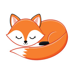 Obraz premium A cartoon illustration of a sleeping fox. The fox is curled up and peacefully dreaming