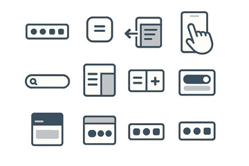 Interface design elements: buttons, menus, search icons for digital applications