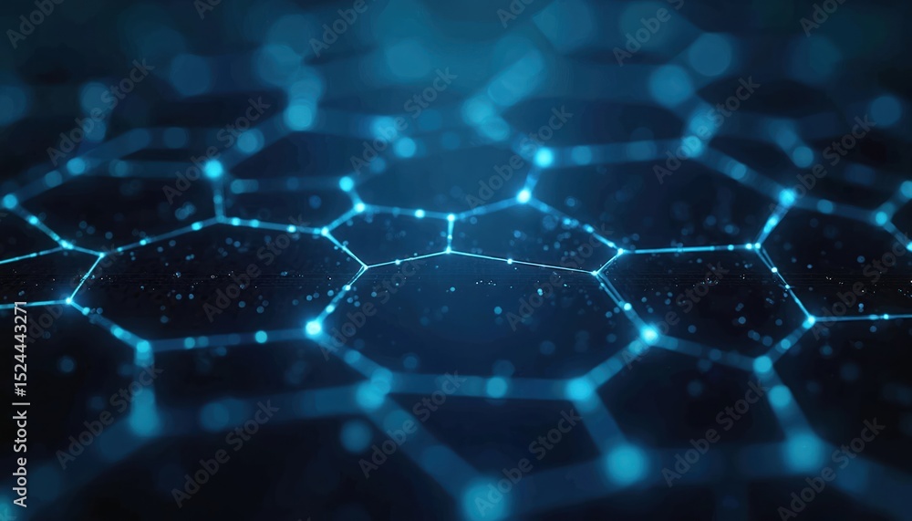Poster Abstract hexagonal pattern with glowing blue lines and dots on a dark background. Illustration for tech science futuristic themes, data visualization, network connection, digital design.