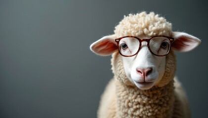 Portrait sheep wearing glasses. Intelligent animal, cute, fluffy. Lamb with spectacles. Funny face close-up, white wool fur. Smart look, education theme.