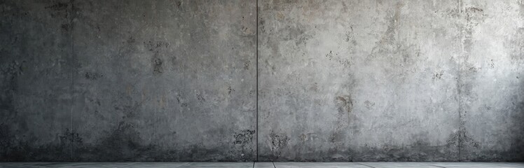 Concrete wall background. Grey cement texture, aged industrial building structure with grunge stains. Blank rough surface empty room. Vintage urban interior for design.