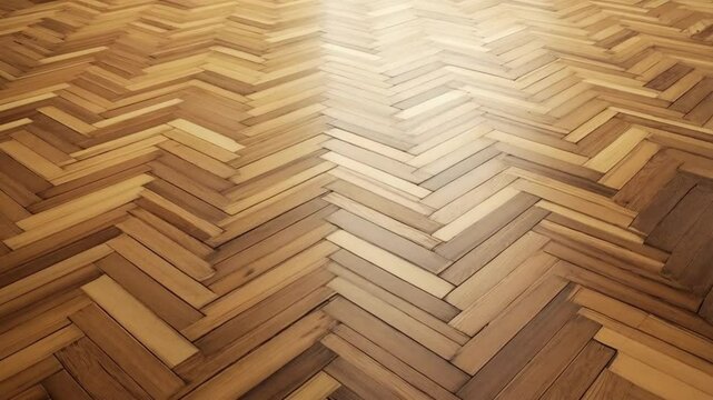 Close up shot of a herringbone pattern wood floor with light shining on the surface pattern background texture video