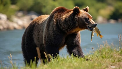 Fototapeta premium Grizzly bear with fish in mouth on riverbank, sunny day. Animal hunting. Bear in natural habitat. Wild predator with prey near water. Wilderness. Fauna. Adventure.