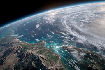 Aerial view of Earth showcasing blue oceans, green landmasses, and white clouds. The curvature of the planet is visible against the blackness of space.