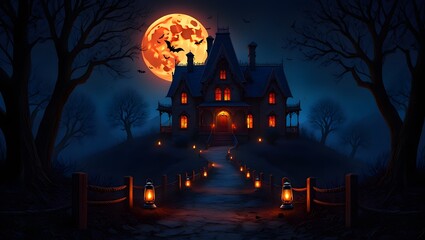 Spooky halloween night scene depicting a haunted house under a vibrant orange moon