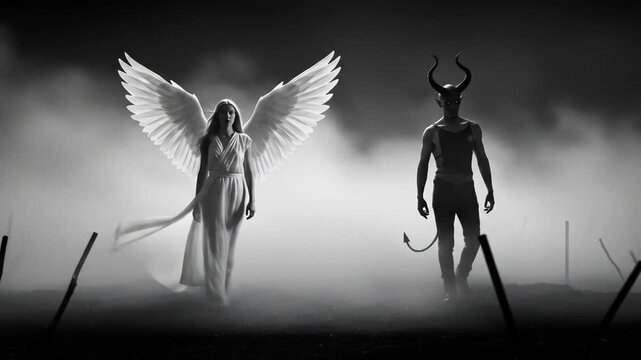 Angel and devil figures contrast