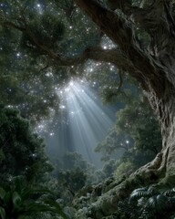 A dense forest with a large tree and beams of light filtering through the leaves. Lush greenery surrounds the scene, creating a tranquil atmosphere.