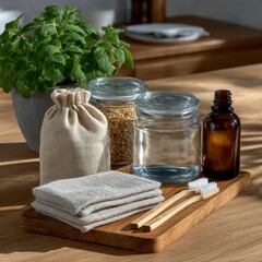 A wooden tray holds a glass jar, a brown bag, an amber bottle, and two wooden toothbrushes. Fresh mint in a pot adds a touch of greenery to the scene.