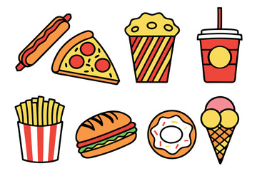 Vector illustration of various delicious fast food items isolated on white background