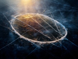 Aerial view of a frozen lake with intricate ice patterns and a glowing sunset reflecting on the surface. The scene captures the beauty of winter landscapes.