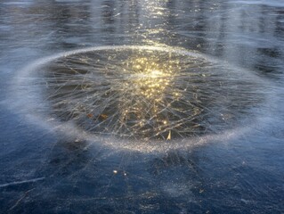 A frozen lake surface with a circular pattern of ice crystals reflecting sunlight. The scene captures the beauty of winter and natural ice formations.