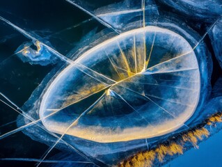 Aerial view of a frozen lake with intricate ice patterns and cracks. The surface reflects shades of blue and yellow, showcasing natural winter beauty.