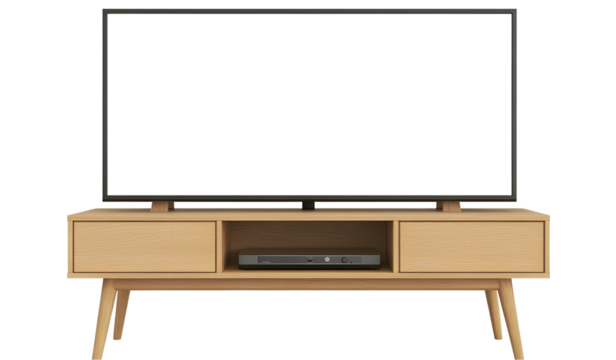  Scandinavian-style modern light wood TV stand with a white screen on a transparent background