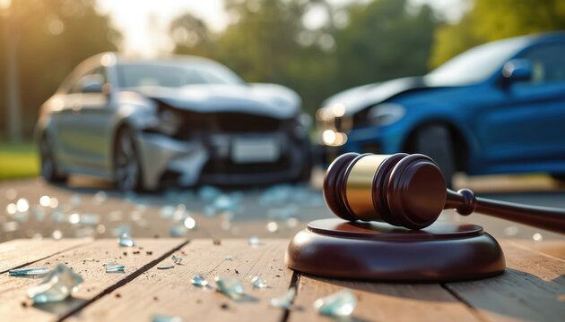 Gavel on wooden table with broken glass near damaged vehicles after traffic collision. Scene symbolizes legal proceedings, court, justice, insurance claims, crash. Serious car accident.
