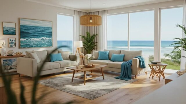 Coastal living room decor ideas: beach house interior design, modern sofa, ocean view, stylish home design