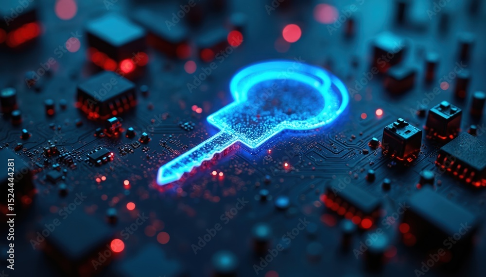Aufkleber Digital key glowing on circuit board. Cyber security concept with encryption, network data protection, privacy, future tech. Innovation in data access, digital code unlocking access.