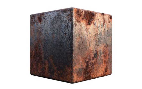 rusty metal cube with corroded orange and gray surface texture on transparent background 3d rendered geometric object