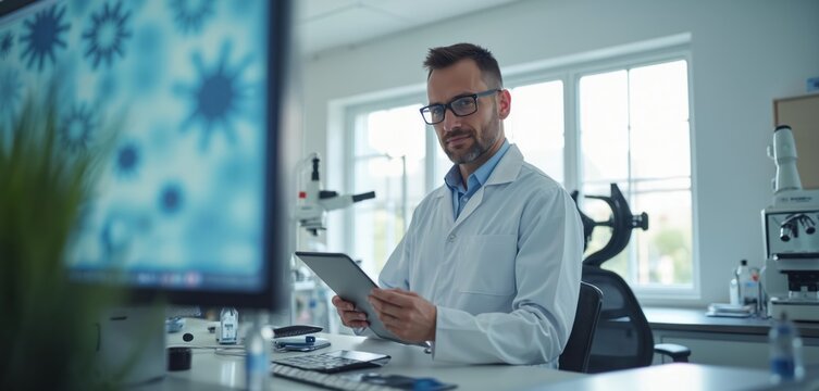 Scientist in laboratory studies virus samples. Male researcher holds tablet, views bacteria analysis results. Medicine tech, healthcare professional, clinical trial, medical research, virus cure,