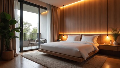 Modern hotel room design featuring rich finishes, ambient lighting creates cozy environment. Includes king-size bed, stylish decor, soft lighting. Ideal relaxation space for travel stay. Focus on