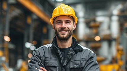 Portrait of Engineer in Uniform with Yellow Hard Hat Smiling