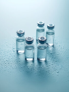 Five injection vials with vaccine on a blue background with water droplets.