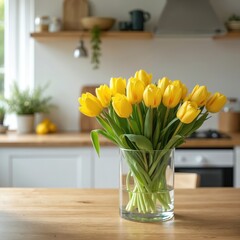 Fototapeta premium Bouquet of vibrant yellow tulips in clear glass vase on wooden kitchen table. Modern inviting home environment with natural light. Home interior decor, fresh floral arrangement, spring, home,
