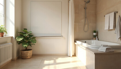 Fototapeta premium Bright, modern bathroom design with bathtub. Roomy, clean space features natural light. Accessible elements, handrail, towels. Plants add welcoming touch, comfort. Perfect for relaxation, hygiene,