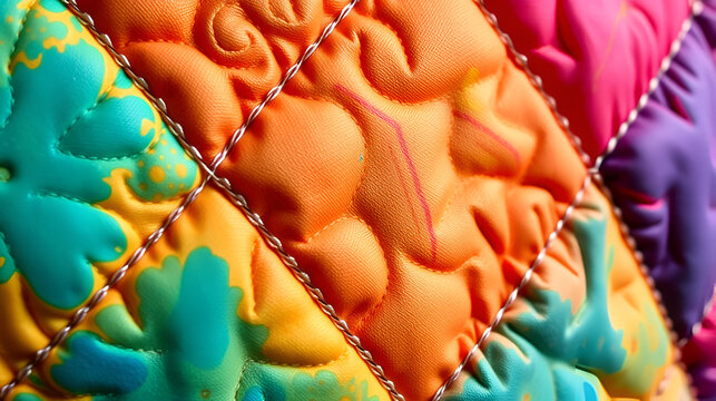 Vibrantly colored quilted fabric with intricate stitching details