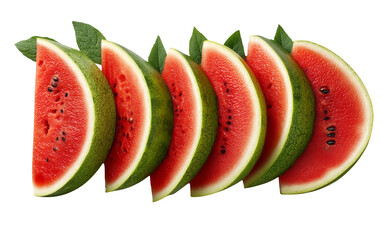 Neatly arranged watermelon slices with vibrant red flesh and green rind on a clean white and transparent PNG background. Ideal for food packaging, healthy lifestyle, summer designs, and marketing mate