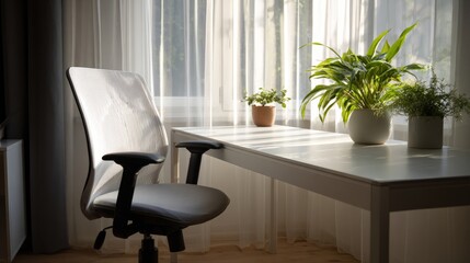 Minimalist workspace with empty desk, ergonomic chair, and potted plant, embodying productivity and calm simplicity.
